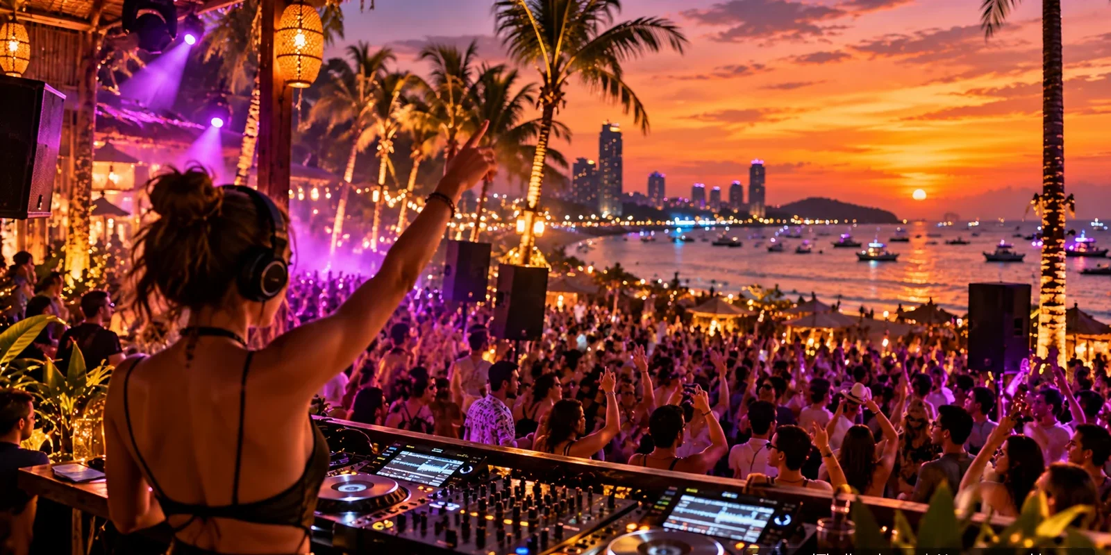 DJ Nakadia in Pattaya: A 2009 Interview and a Thai Techno Career Female DJ at the decks playing to a large crowd at a sunset beach party in Pattaya, with palm trees, boats in the bay and the city skyline. Illustrative scene, not a photo of a specific DJ. AI-generated image.