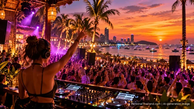Female DJ at the decks playing to a large crowd at a sunset beach party in Pattaya, with palm trees, boats in the bay and the city skyline. Illustrative scene, not a photo of a specific DJ. AI-generated image.