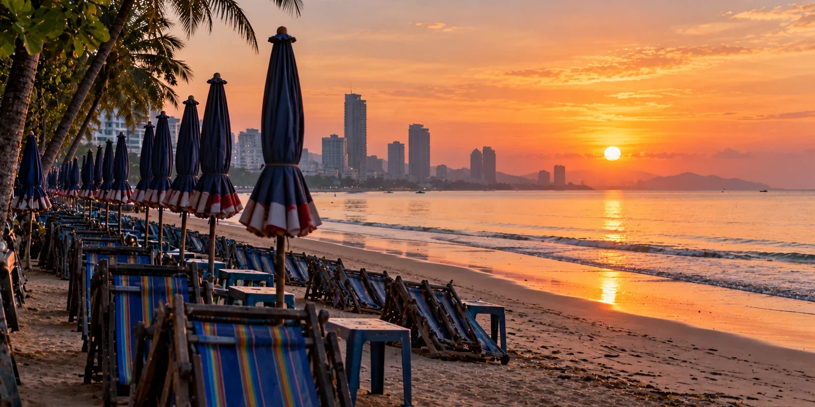 Thai Visa forum members share their wisdom Empty early-morning Jomtien beach at sunrise with rows of folded deck chairs and closed umbrellas. AI-generated image.