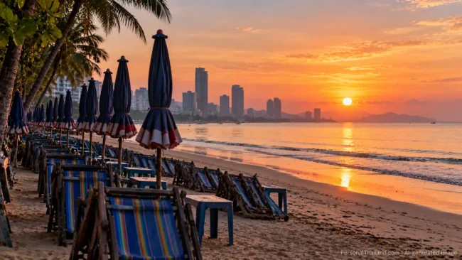 Empty early-morning Jomtien beach at sunrise with rows of folded deck chairs and closed umbrellas. AI-generated image.