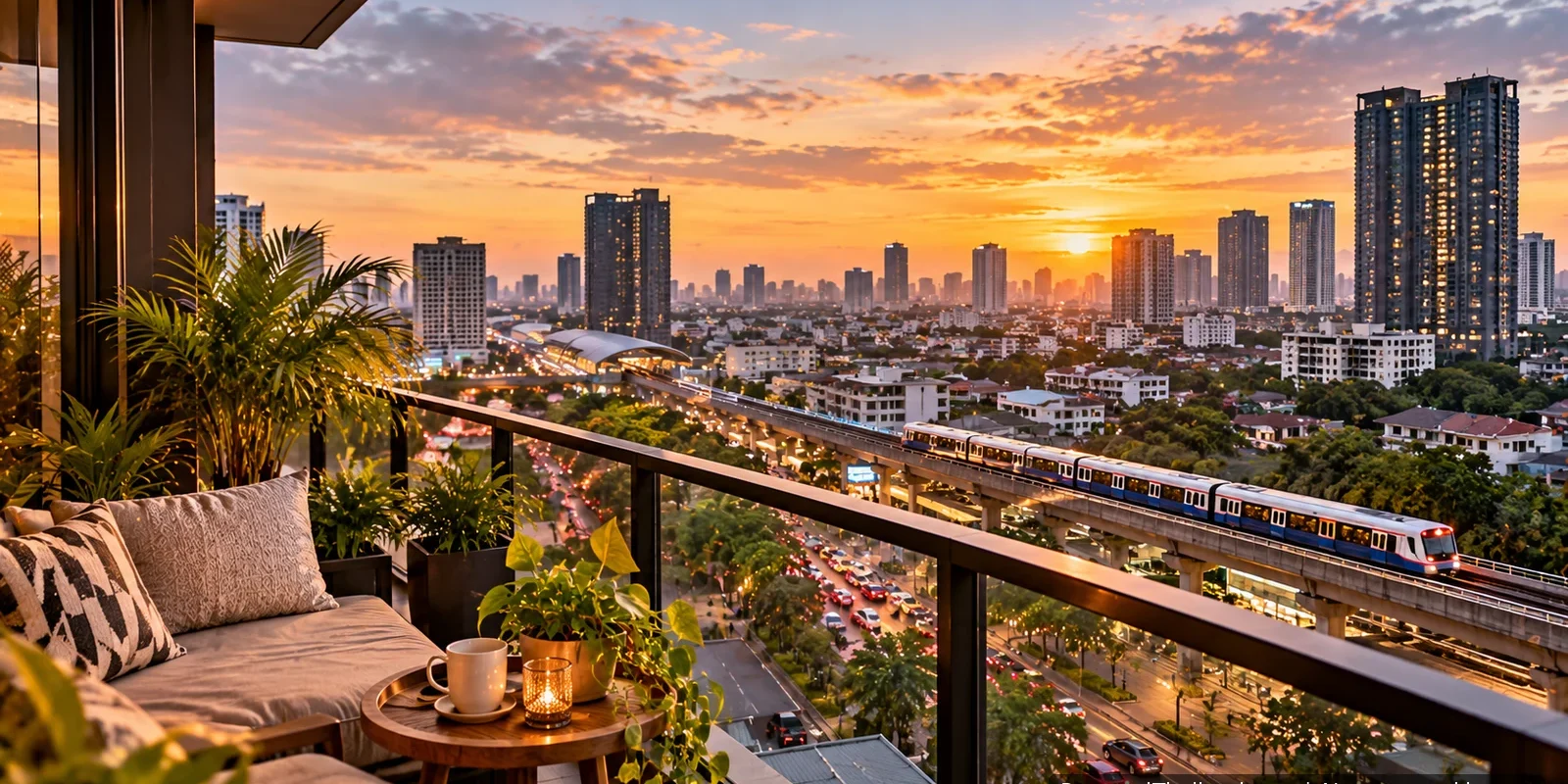 Condo balcony with plants and a small table overlooking a Bangkok neighbourhood at sunset, with an elevated train and high-rise skyline. AI-generated image.