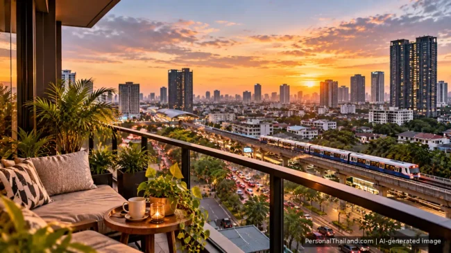 Buying a Home in Lat Phrao, Bangkok: Location and Due Diligence Condo balcony with plants and a small table overlooking a Bangkok neighbourhood at sunset, with an elevated train and high-rise skyline. AI-generated image.