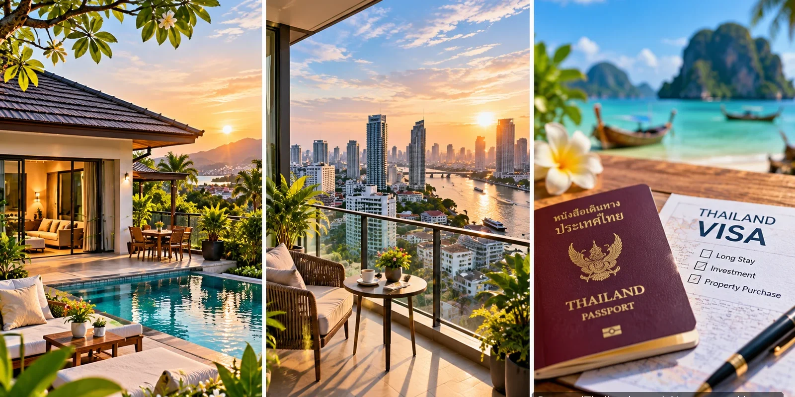 Three-panel image: a villa with a pool at sunset, a condo balcony overlooking a river and city skyline, and a Thai passport with a Thailand visa checklist on a beach table. AI-generated image.