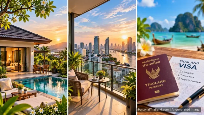 Thai Airways Ticket Prices: Comparing Fares Without Surprises Three-panel image: a villa with a pool at sunset, a condo balcony overlooking a river and city skyline, and a Thai passport with a Thailand visa checklist on a beach table. AI-generated image.