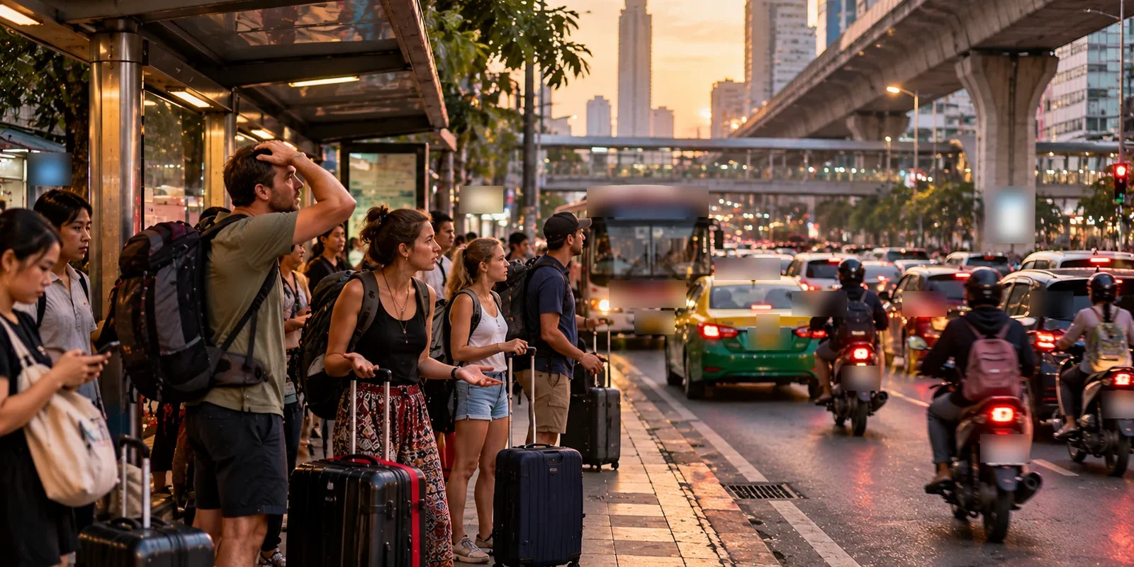Do you know why Thailand is just 43 in the tourist list? Stressed tourists with luggage at a busy Bangkok bus stop as buses, taxis and motorbikes jam the road at dusk. AI-generated image.