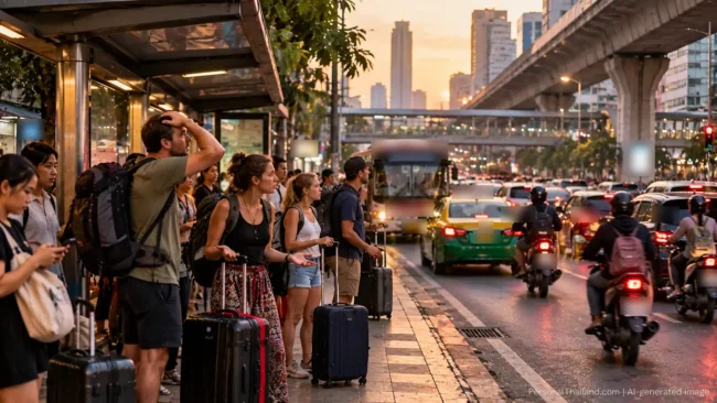 Stressed tourists with luggage at a busy Bangkok bus stop as buses, taxis and motorbikes jam the road at dusk. AI-generated image.