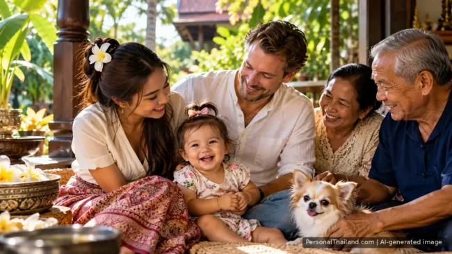 Thai-Western family with a baby, Thai grandparents and a small dog smiling together on the veranda of a traditional Thai house. AI-generated image.