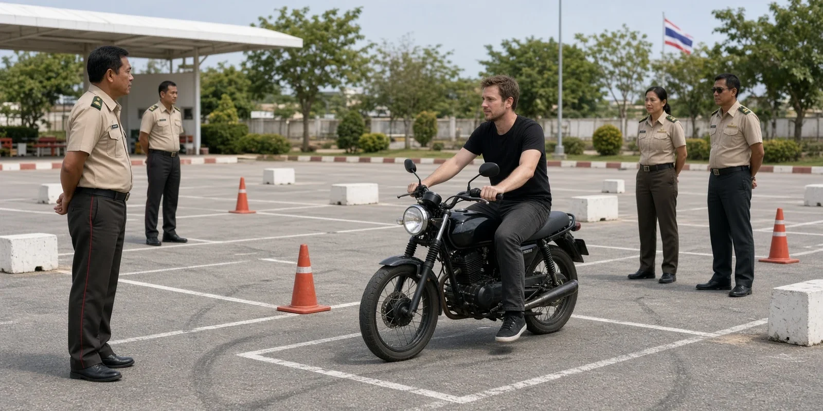 Motorcycle Licences in Pattaya: How to Ride Legally in Thailand Foreign rider on a motorbike taking a practical licence test on a course marked with cones while Thai officials look on. AI-generated image.