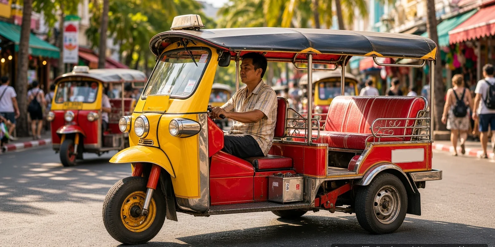 Phuket Tuk-Tuks: Fares, Transport Options and Safety Red and yellow tuk-tuk with its driver on a sunny Phuket street lined with palm trees and shops, with more tuk-tuks in the background. AI-generated image.