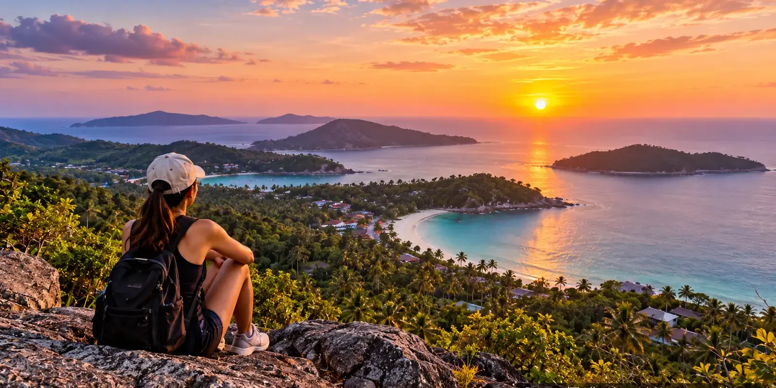 Living in Thailand Long Term: Reasons to Stay or Move On Woman with a backpack and cap sitting on a rock overlooking tropical islands at sunset in Thailand. AI-generated image.