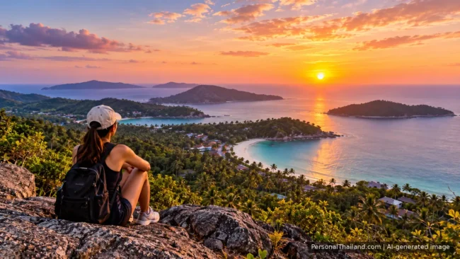 Living in Thailand Long Term: Reasons to Stay or Move On Woman with a backpack and cap sitting on a rock overlooking tropical islands at sunset in Thailand. AI-generated image.