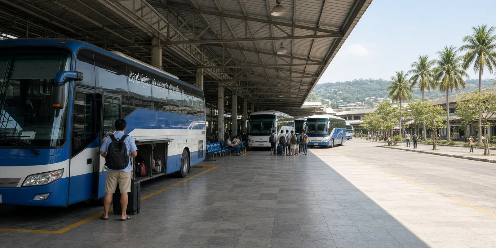 Pattaya Bus Station Safety: Luggage, Baht Buses and Theft Prevention Traveller with a backpack keeping hold of his suitcase beside a blue and white coach at a covered bus station in Pattaya, with passengers waiting further along the platform. AI-generated image.