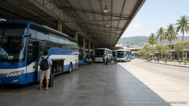 Pattaya Bus Station Safety: Luggage, Baht Buses and Theft Prevention Traveller with a backpack keeping hold of his suitcase beside a blue and white coach at a covered bus station in Pattaya, with passengers waiting further along the platform. AI-generated image.