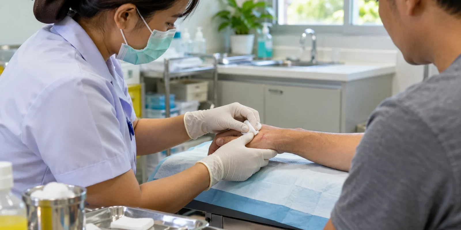 Rabies Risk in Thailand: What to Do After an Animal Bite or Scratch Thai nurse in gloves and a face mask cleaning and treating a wound on a man's hand at a clinic, the first step after an animal bite or scratch. AI-generated image.