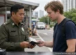 Thai officer calmly looking through a foreign visitor's passport at an outdoor checkpoint. AI-generated image.