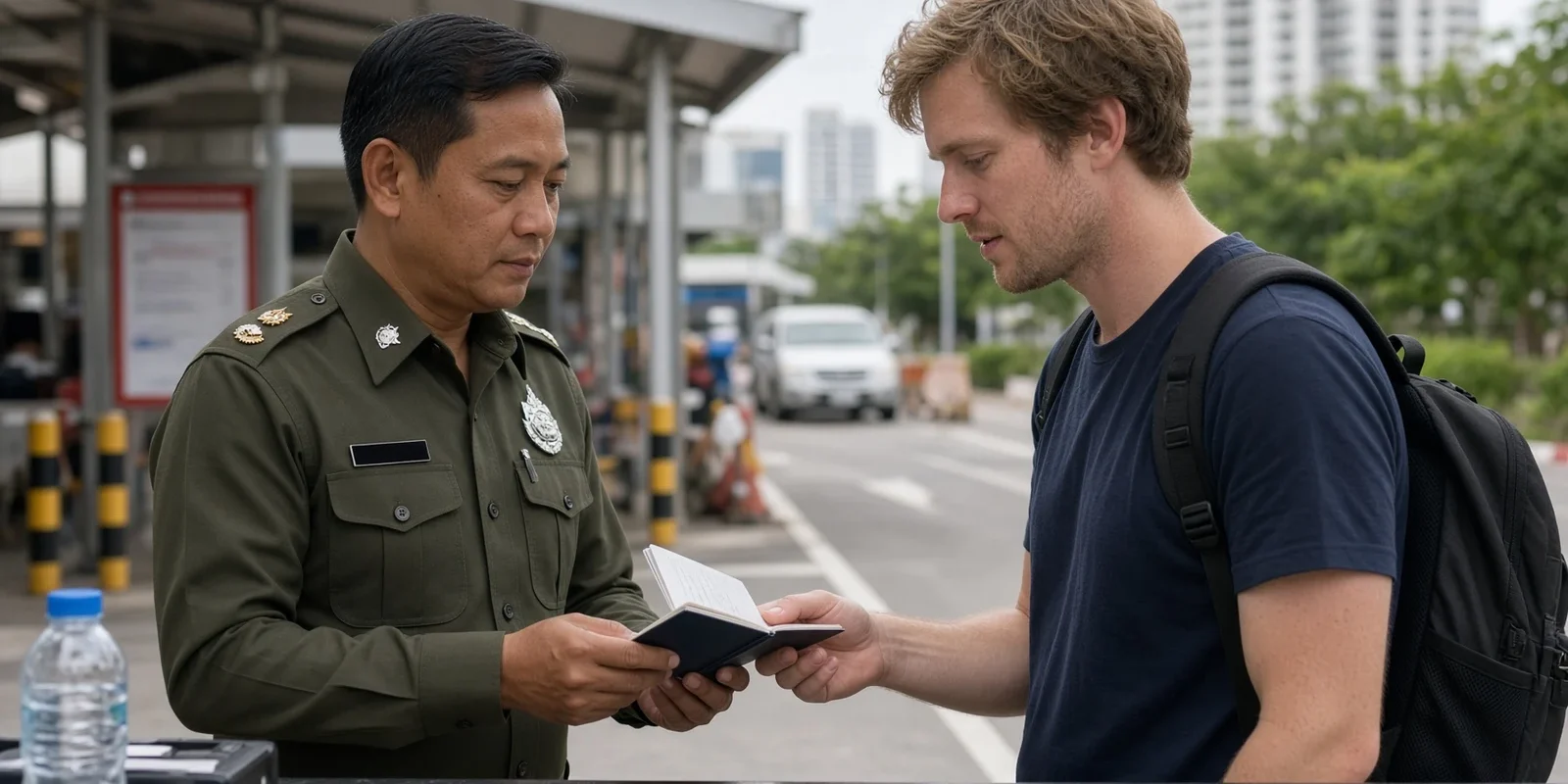 Thai officer calmly looking through a foreign visitor's passport at an outdoor checkpoint. AI-generated image.