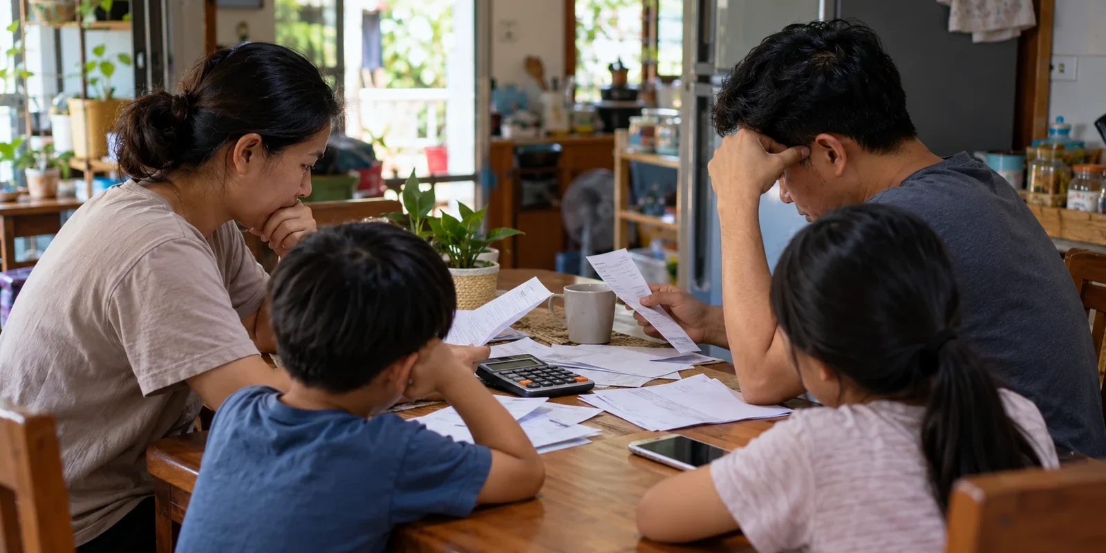 Household Debt in Thailand: Borrowing, Informal Loans and Safer Solutions Worried Thai family with two children going over bills with a calculator at the kitchen table. AI-generated image.
