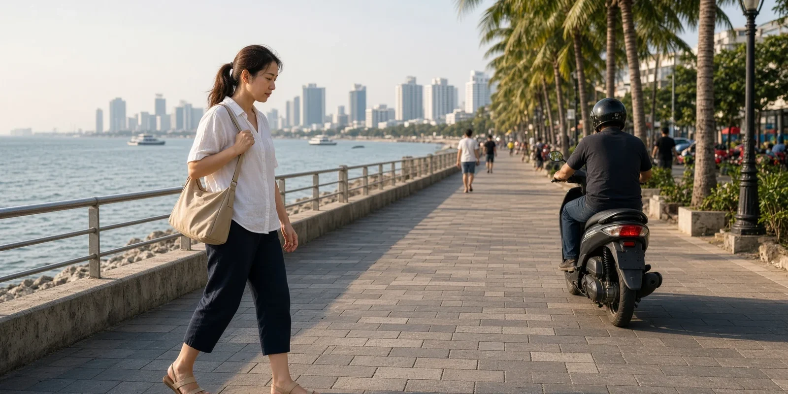 Avoiding Bag Snatching in Pattaya: Safer Streets and Transport Woman walking along a seaside promenade in Pattaya with her shoulder bag held close, palm trees and a passing motorbike behind her and the city skyline across the bay. AI-generated image.