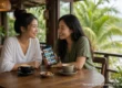 Two women laughing over coffee at a riverside café in Thailand while looking at travel photos on a phone. AI-generated image.