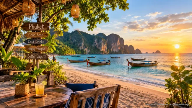 When Tourism Slows in Thailand: Planning Beyond the Headlines Beach bar table and wooden signpost at sunset on a Phuket beach with longtail boats and limestone cliffs. AI-generated image.