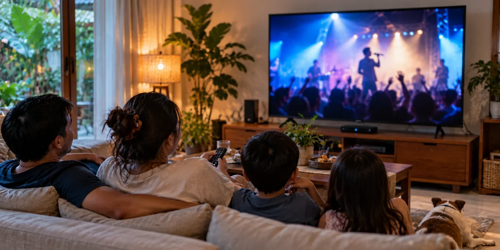MTV flunked in Thailand and M.I.B busted Thai TV Pirates Thai family watching a music concert on television in their living room with a set-top box below. AI-generated image.