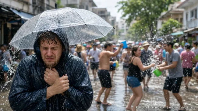 Drenched tourist in a black raincoat sheltering under a clear umbrella while a lively Songkran water fight carries on in the street behind him. AI-generated image.