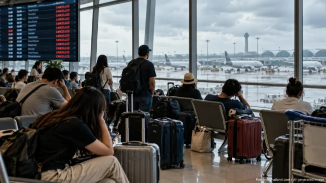 Airport departure board showing cancelled flights while stranded passengers with luggage wait beside grounded aircraft. AI-generated image.