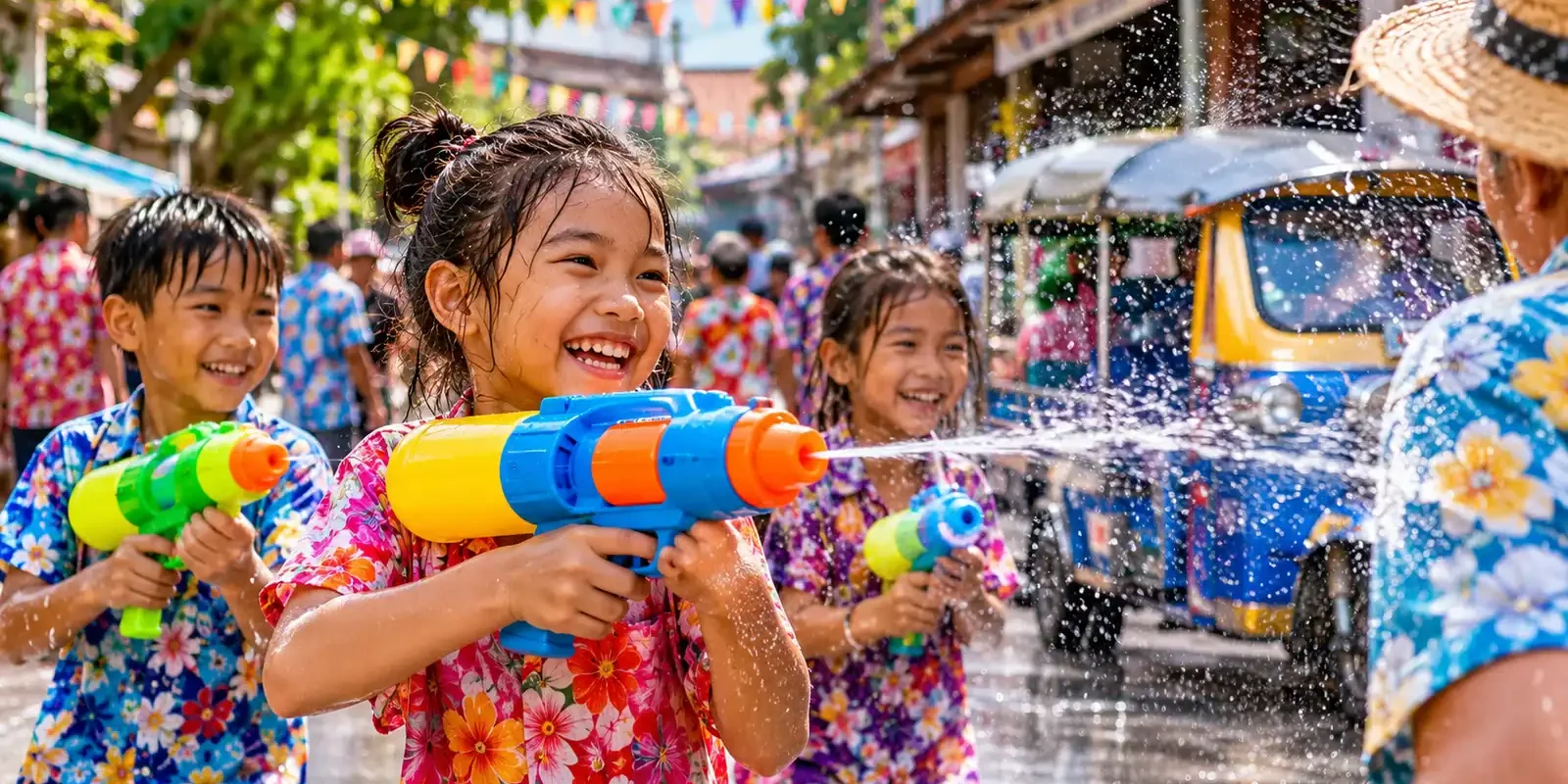 Pattaya Wan Lai: What Makes Its Songkran Celebration Different? Laughing Thai children with water guns splashing during Songkran, with a tuk-tuk on the street behind them. AI-generated image.