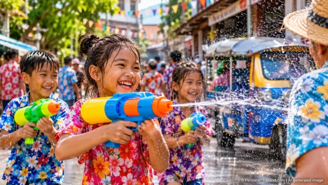 Laughing Thai children with water guns splashing during Songkran, with a tuk-tuk on the street behind them. AI-generated image.