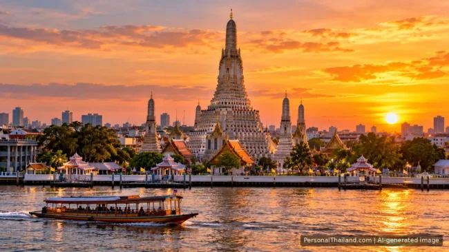 Wat Arun temple across the Chao Phraya River in Bangkok at sunset, with a river boat passing. AI-generated image.