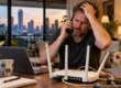Frustrated man on the phone next to a home internet router with blinking lights in a Bangkok apartment. AI-generated image.