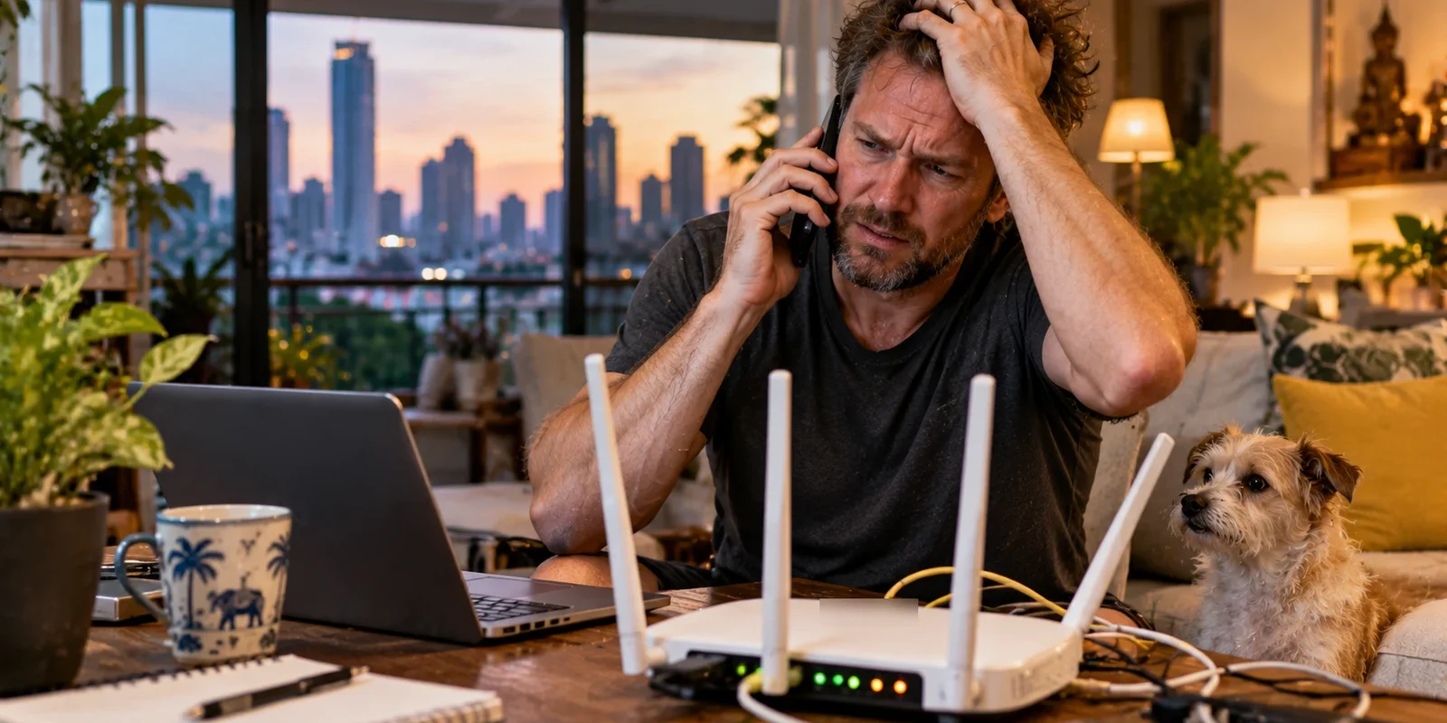 Frustrated man on the phone next to a home internet router with blinking lights in a Bangkok apartment. AI-generated image.