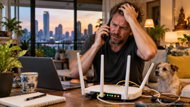 Frustrated man on the phone next to a home internet router with blinking lights in a Bangkok apartment. AI-generated image.