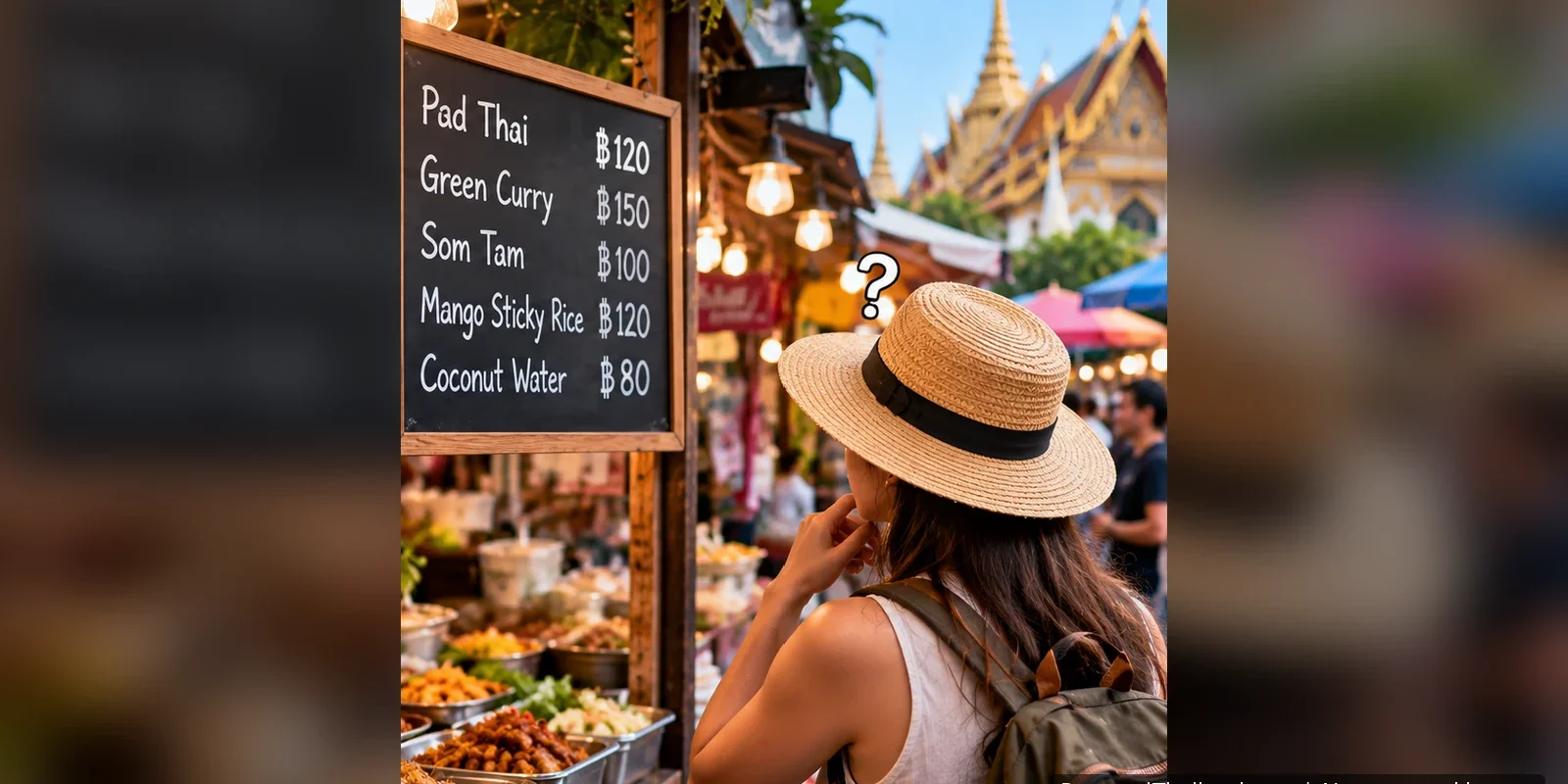 Why Prices Sometimes Rise When Tourism Slows in Thailand Tourist in a straw hat studying a street-food price board in Thai baht at a busy market, with a Thai temple in the background. AI-generated image.
