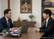 Job interview in a Thai office: an employer taking notes across a desk from a young candidate, with a temple painting and a small golden Buddha figure behind them. AI-generated image.