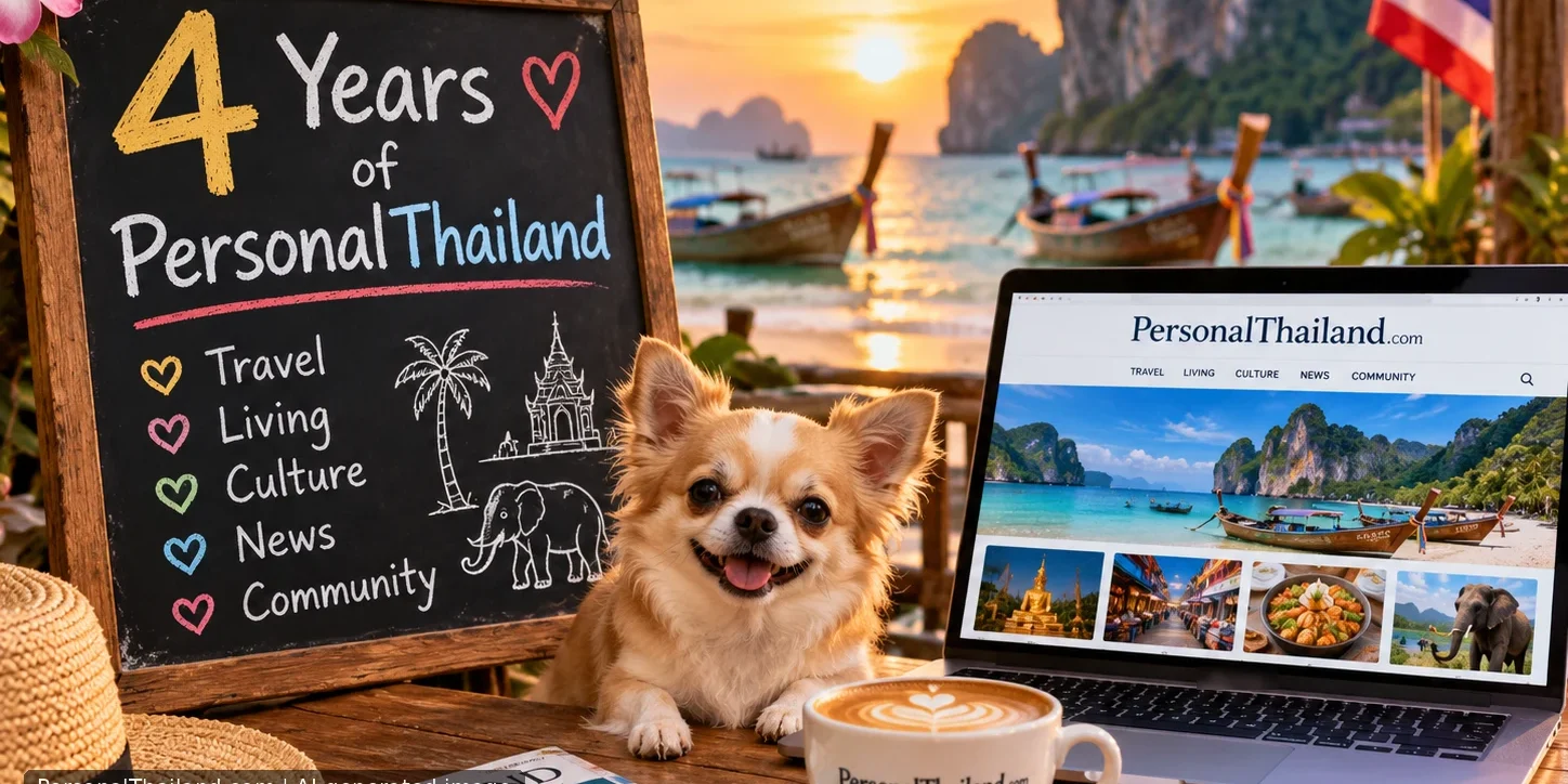 Chalkboard reading 4 Years of PersonalThailand with Travel, Living, Culture, News and Community, beside a smiling chihuahua, a laptop showing the PersonalThailand website and a coffee cup on a table by a Thai beach at sunset. AI-generated image.