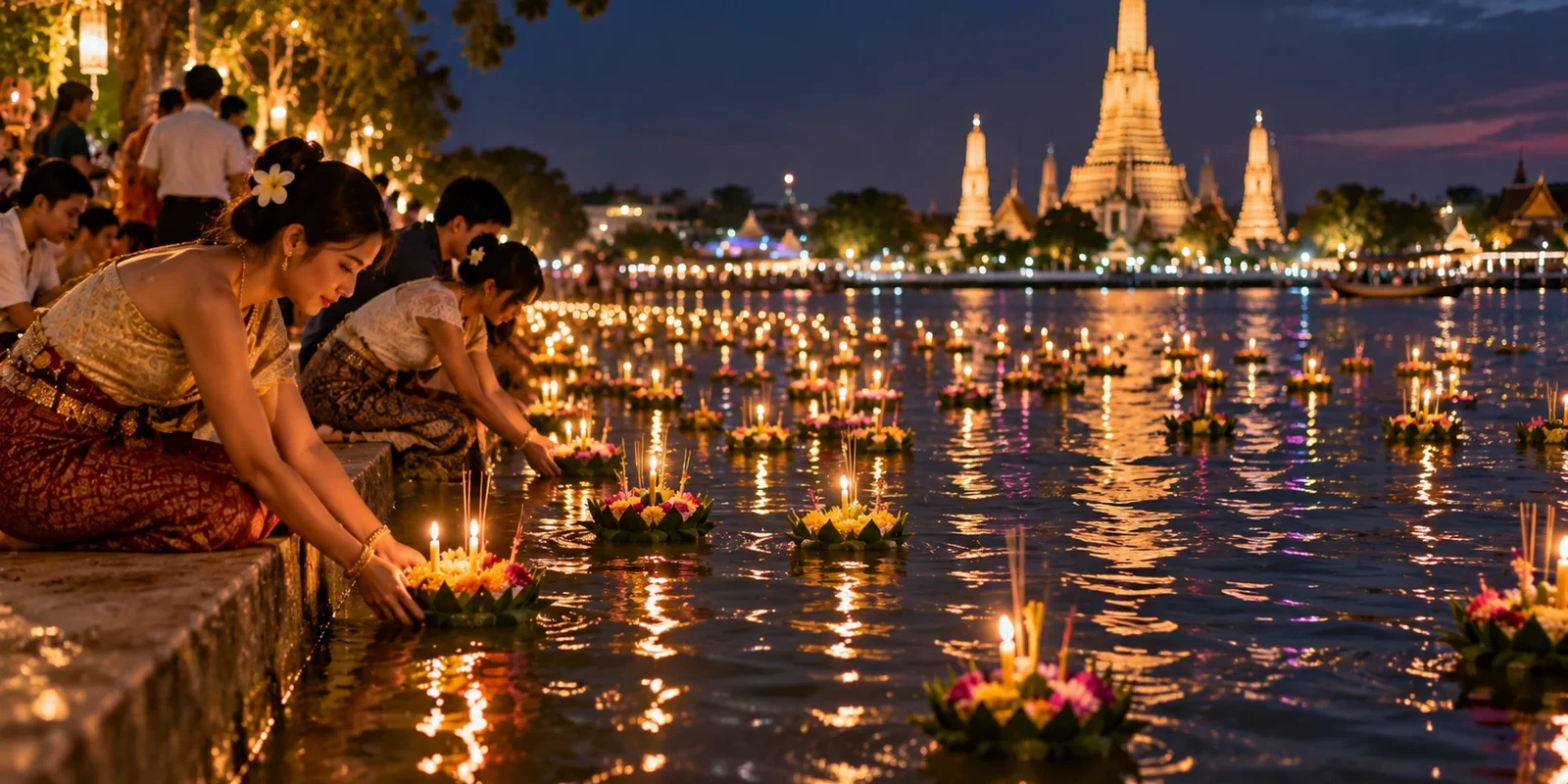 Thats every year I flush my old girlfriends in the toilet People releasing candle-lit krathong offerings on the Chao Phraya river at night during Loy Krathong, Wat Arun lit up behind. AI-generated image.