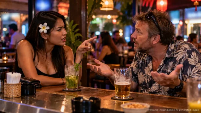 Thai woman and foreign man in a heated argument at a bar counter, drinks in front of them and nightlife behind. AI-generated image.