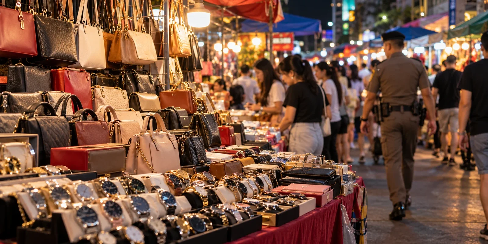 Bangkok night market stall selling unbranded handbags and watches as a police officer walks past. AI-generated image.