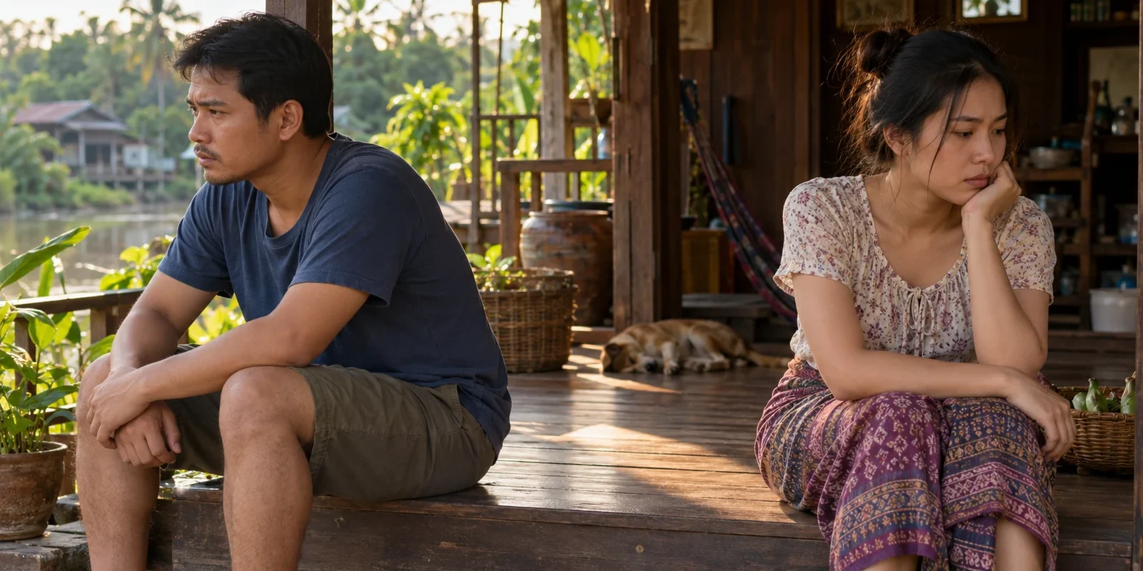 Thai couple sitting apart on the porch of a wooden house by the water, a quiet moment of marital tension. AI-generated image.