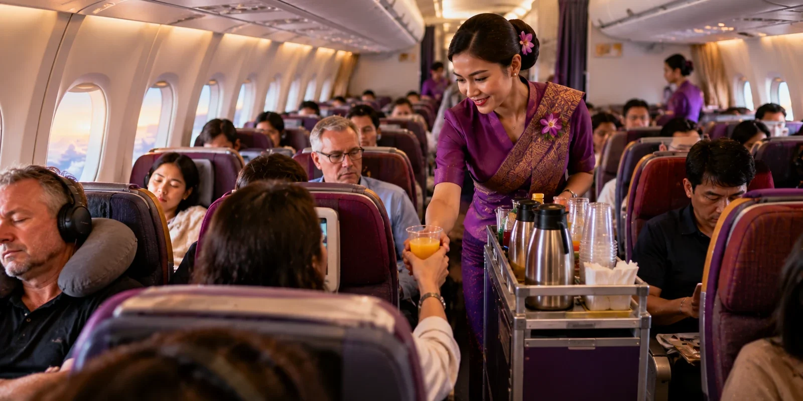 Thai flight attendant in a purple traditional-style dress serving orange juice from a trolley to passengers in an airliner cabin. AI-generated image.