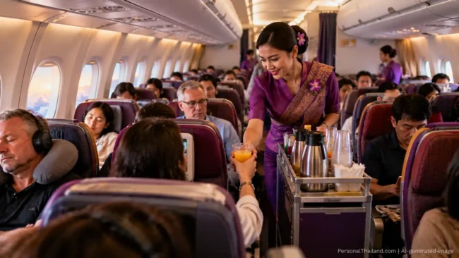 Thai flight attendant in a purple traditional-style dress serving orange juice from a trolley to passengers in an airliner cabin. AI-generated image.