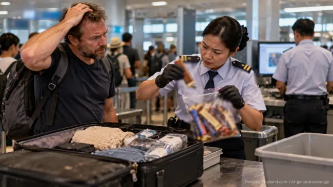 Airport security officer inspecting a bag of chocolate bars from a puzzled traveller's open suitcase. AI-generated image.