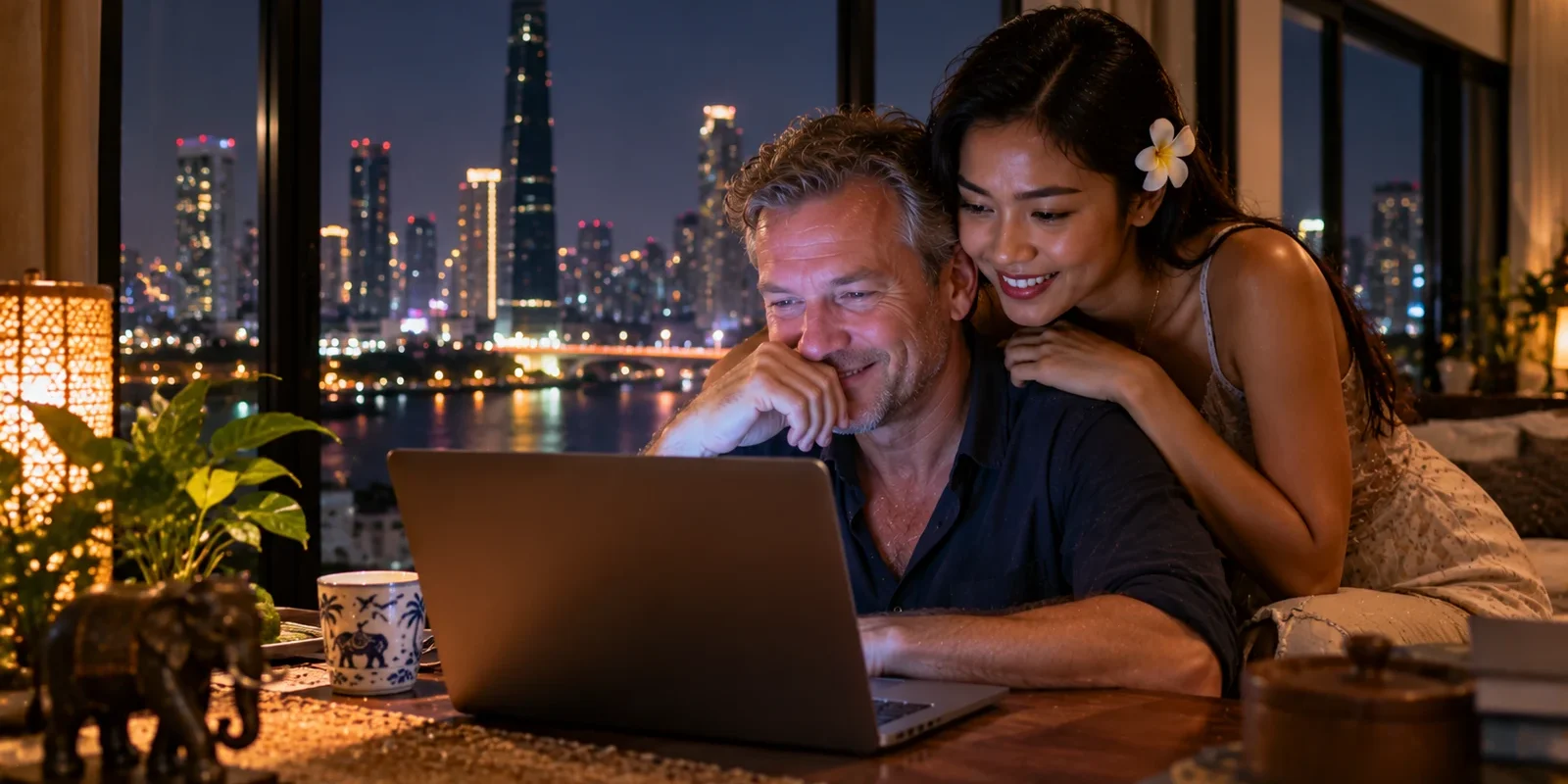I met my Thai wife online Smiling couple looking at a laptop together at night, a Thai woman leaning over a man with the Bangkok skyline behind. AI-generated image.