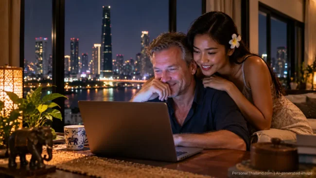 Smiling couple looking at a laptop together at night, a Thai woman leaning over a man with the Bangkok skyline behind. AI-generated image.
