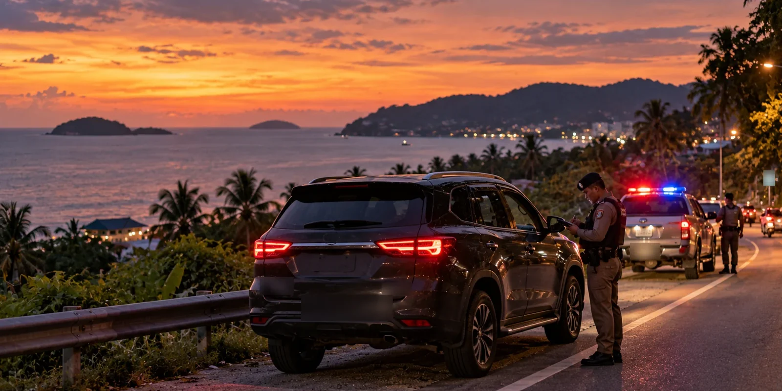 Police officer taking notes beside a parked SUV on a Phuket coastal road at sunset, a patrol car behind. AI-generated image.