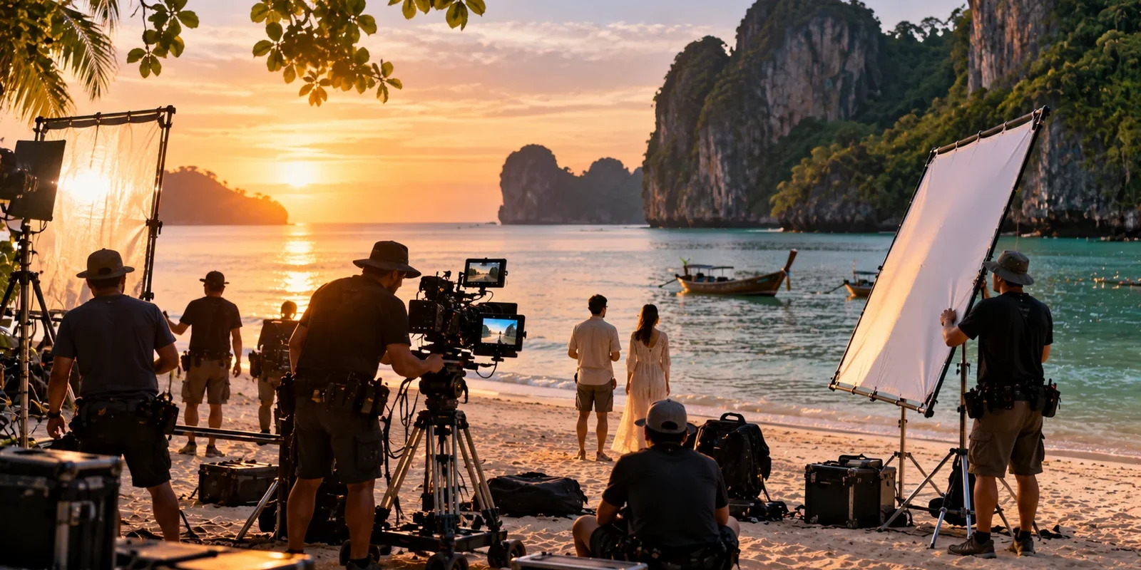 Film crew with cameras and reflectors setting up a shoot on a Thai beach beneath limestone cliffs at sunset. AI-generated image.