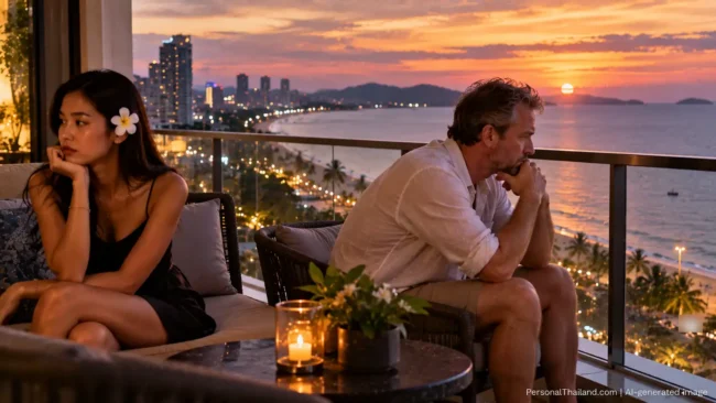 Upset couple sitting apart on a hotel balcony above a Thai beach city at sunset, both lost in thought. AI-generated image.