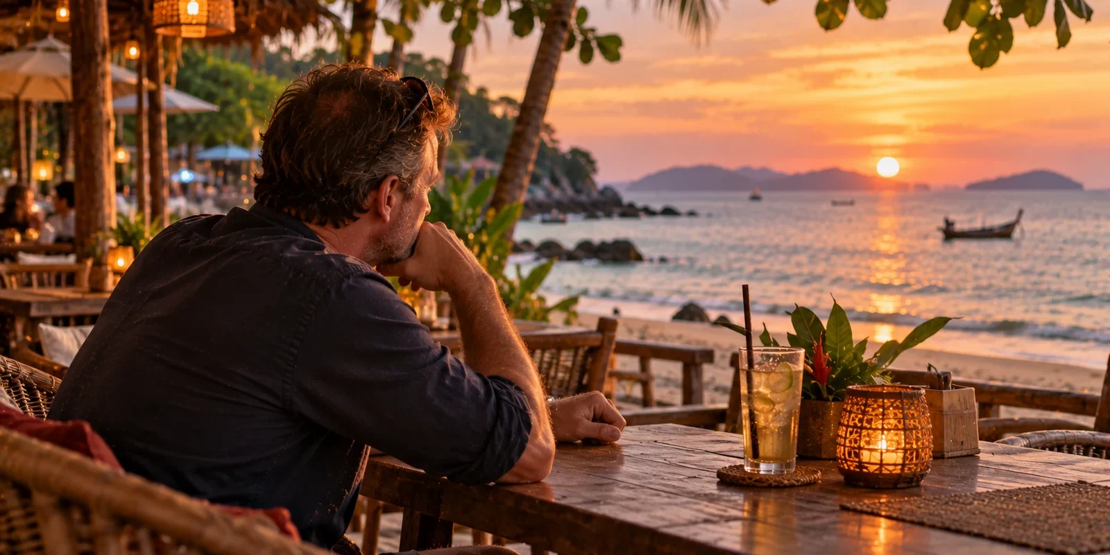 Pensive man sitting alone at a beach bar table in Thailand, looking out to sea at sunset with a drink and a candle lantern. AI-generated image.