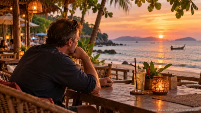 Pensive man sitting alone at a beach bar table in Thailand, looking out to sea at sunset with a drink and a candle lantern. AI-generated image.